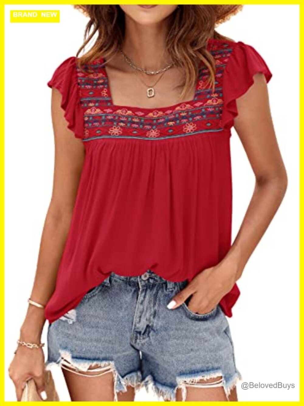 Womens Embroidered Square Neck Babydoll Peasant Blouse Ruffle Sleeve Flowy